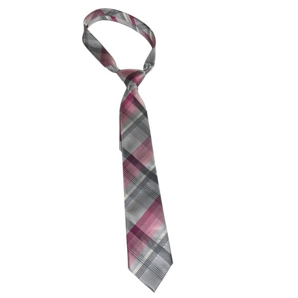 Geoffrey Beene Pink Gray Plaid Silk Blend Men’s Tie Business Executive Office - Picture 3 of 8